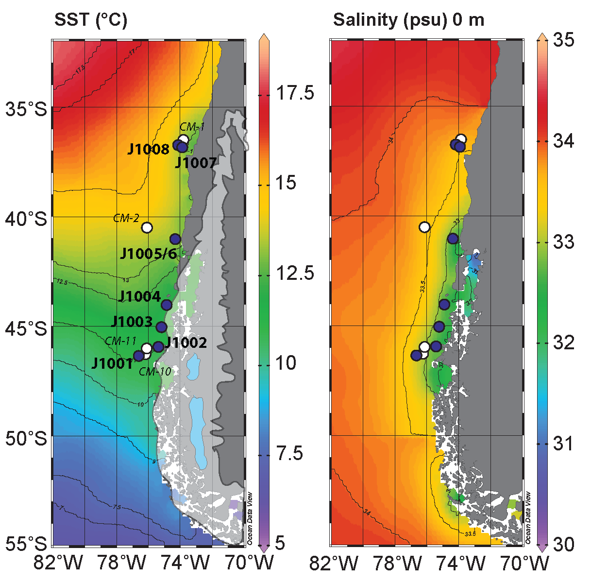 Two charts showing SST in ºC and Salinity (psu). Range is 70º W to 82º W.